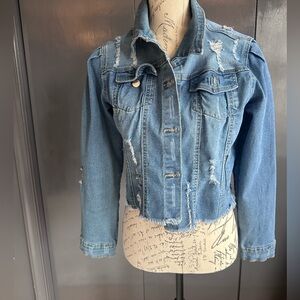 Women's Blue Shredded Denim cropped trucker Jacket